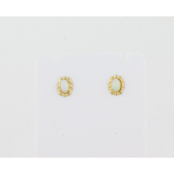 14k Yellow Gold Natural Opal Earrings Stud Post 3/8" x 1/4" Round - Picture 3 of 9